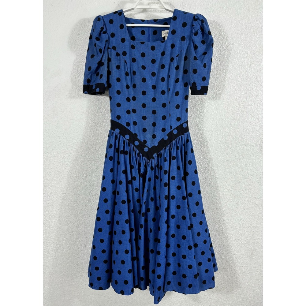 Vintage Leslie Lucks Dress Womens‎ Small Blue Polka Dot Fit & Flare Made USA 80s